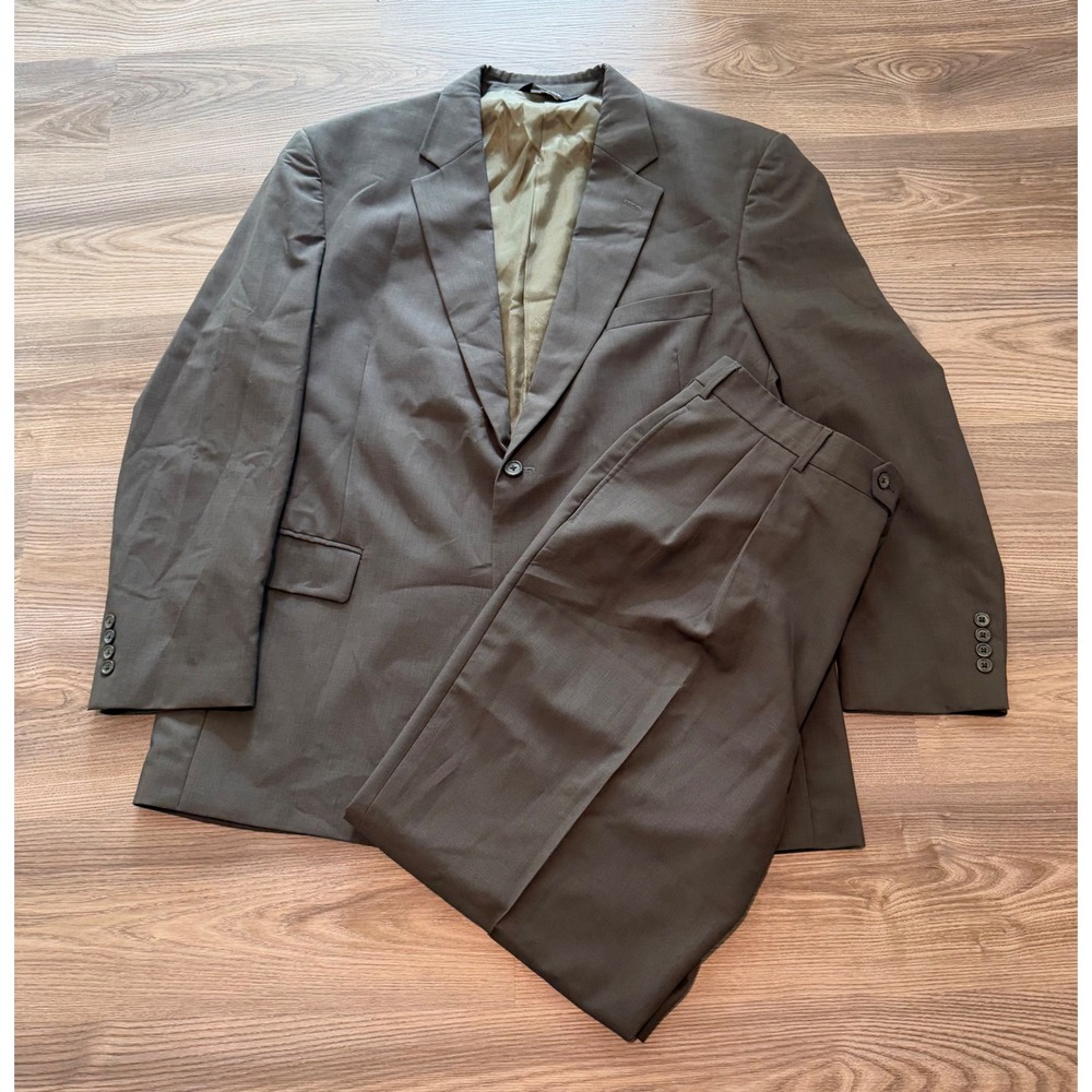 Jos A Bank Mens Two Piece Suit Pleated Cuffed 46R Jacket 40x30 Pant Olive Brown